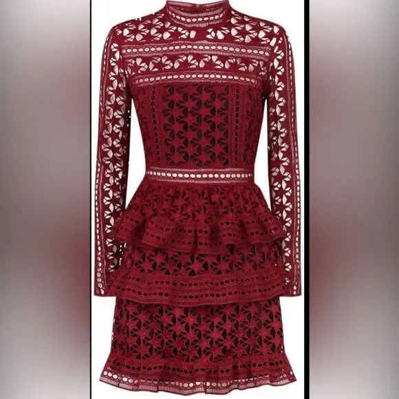 EUC Women’s Burgundy Long Sleeve Bodycon Dress Cut Outs -Tiered Bottom -Size M - Picture 4 of 14